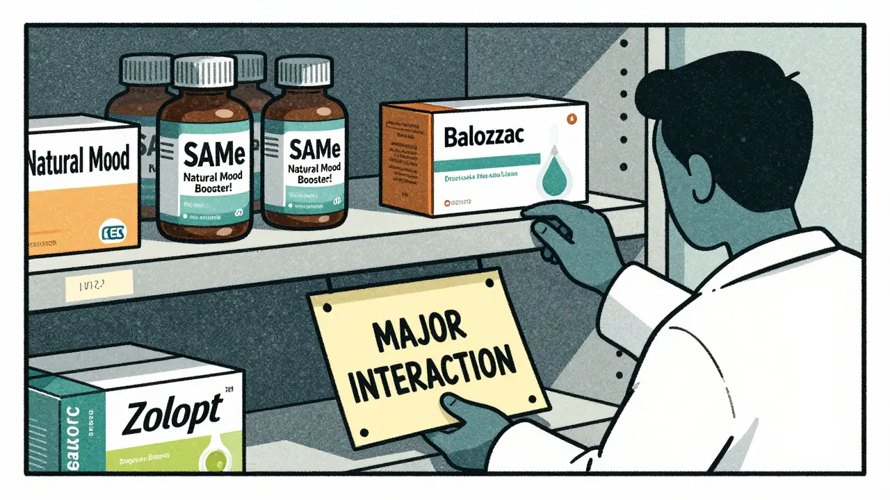 Pharmacy shelf with SAMe and antidepressant bottles, shadowy figure pulling a warning sign labeled 'MAJOR INTERACTION' from beneath.