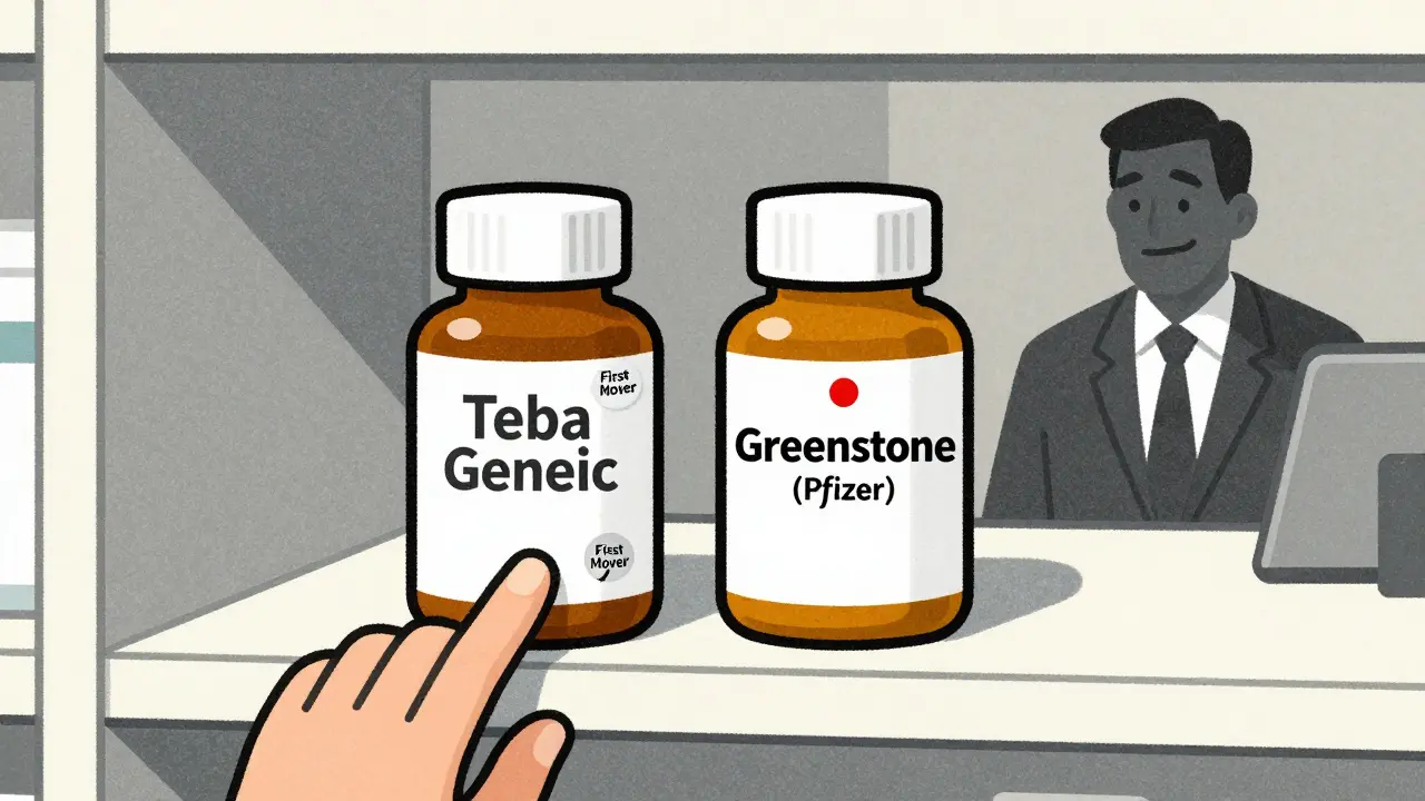 Pharmacy shelf with two identical drug bottles, one from a generic maker, the other from a brand company in disguise.