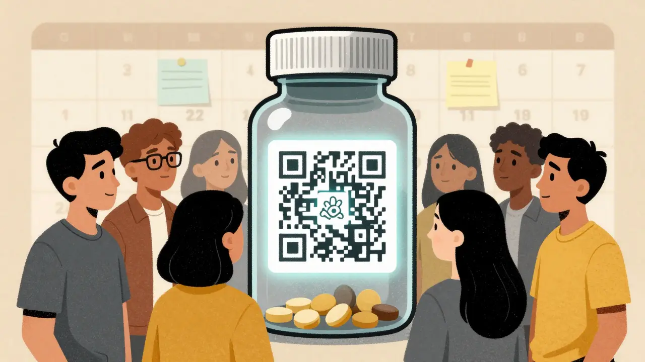 Pill bottle with QR code projecting a holographic safety guide, people studying icons for tests and symptoms.