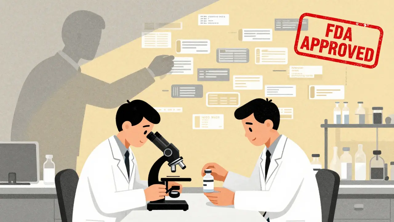 Scientists swapping drug vials under a microscope while a shadow adds patents to a growing wall.