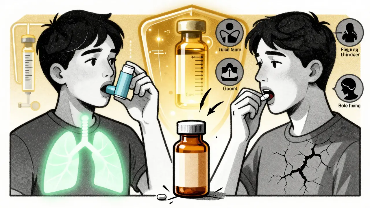Split illustration: one person using inhaler with healthy lungs, another taking oral steroids with side effect icons.