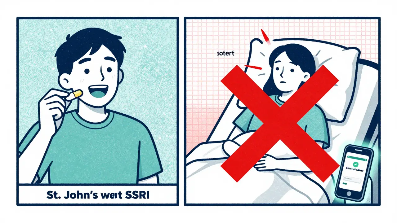 Split illustration: safe pill combo vs. dangerous reaction, with 'Serotonin Alert' app and red X over wrong meds.