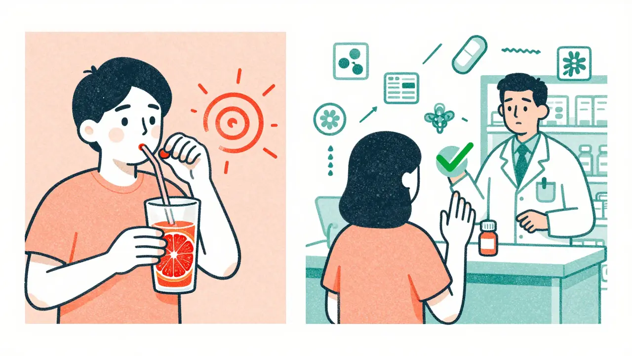 Split scene: grapefruit juice with statin vs. safe alternative at pharmacy