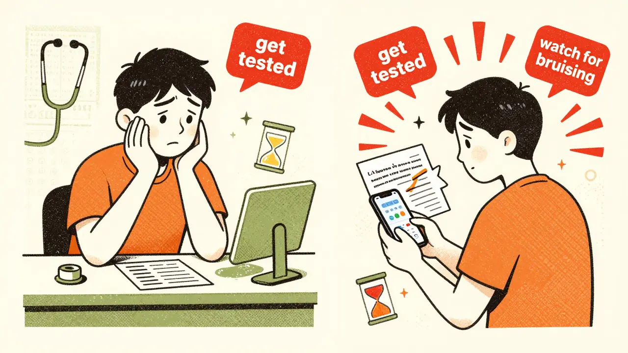 Split scene: one person ignoring a medication guide, another actively using it with warning signs floating nearby.