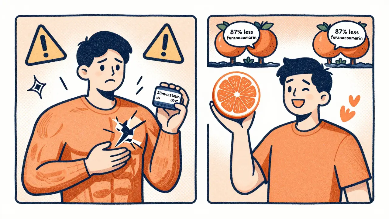 Split scene: person with simvastatin in distress vs. same person happy with safer statin and new grapefruit variety.