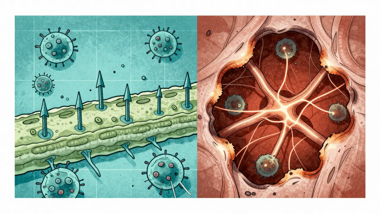 Surreal biopsy scene showing T-cells attacking muscle fibers in polymyositis and antibody-wrapped blood vessels in dermatomyositis