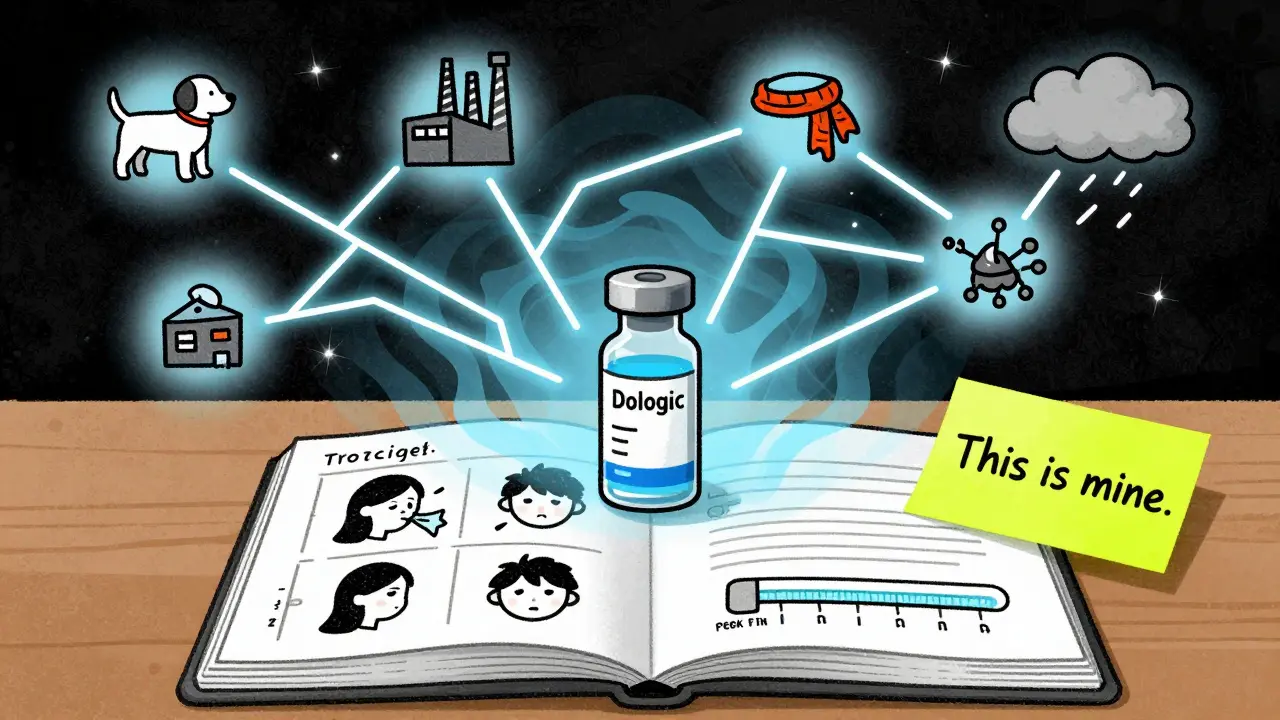 Symptom diary with doodled asthma triggers and a glowing biologic injection at the center in risograph style.