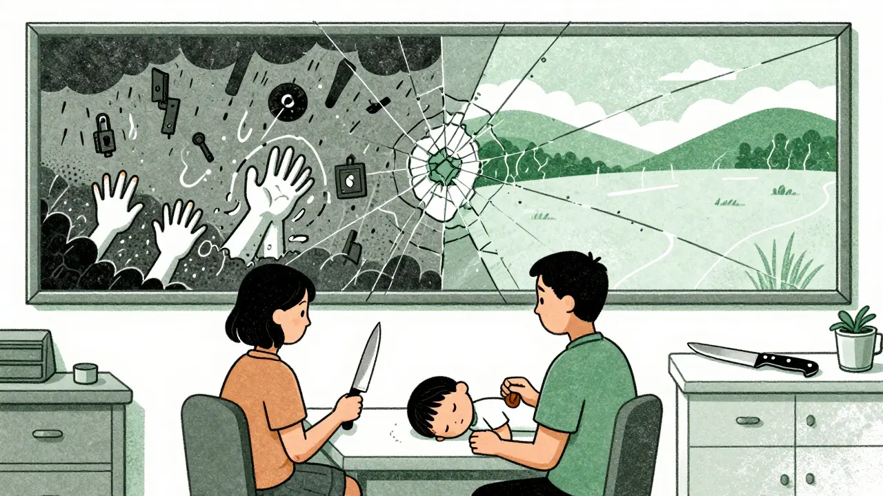 Therapy session with a knife beside a sleeping child, symbolizing ERP exposure without compulsion.