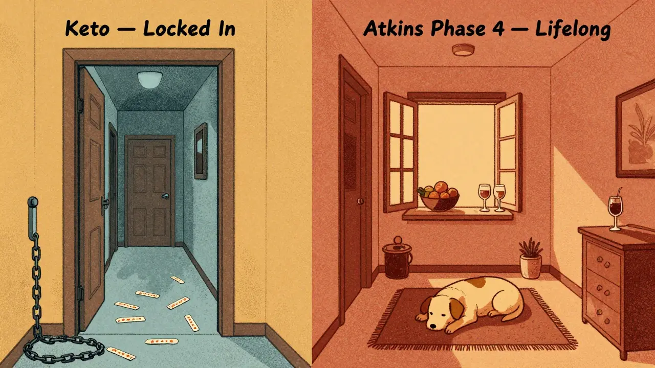 Two doors symbolizing keto confinement versus Atkins flexibility with lifestyle elements.