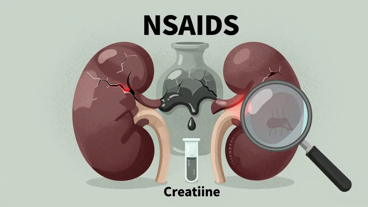 Two fragile kidneys draining into a test tube labeled 'Creatinine' under NSAID exposure.