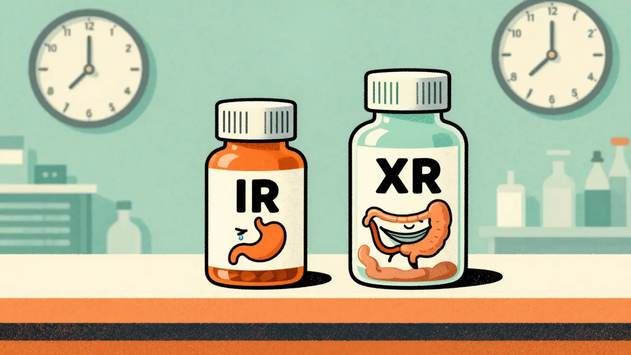 Two pill bottles at a pharmacy counter, one causing a distressed stomach, the other a peaceful one, in risograph style.
