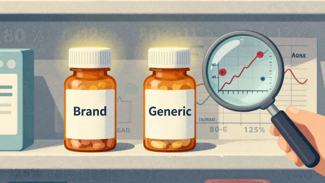 Two pill bottles on a shelf with matching Cmax and AUC waveforms, illustrated in risograph aesthetic.