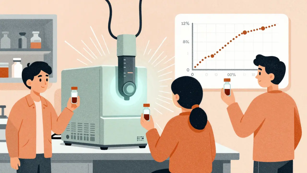 Volunteers in a lab with a glowing LC-MS/MS machine and logarithmic graphs in vintage illustration style.