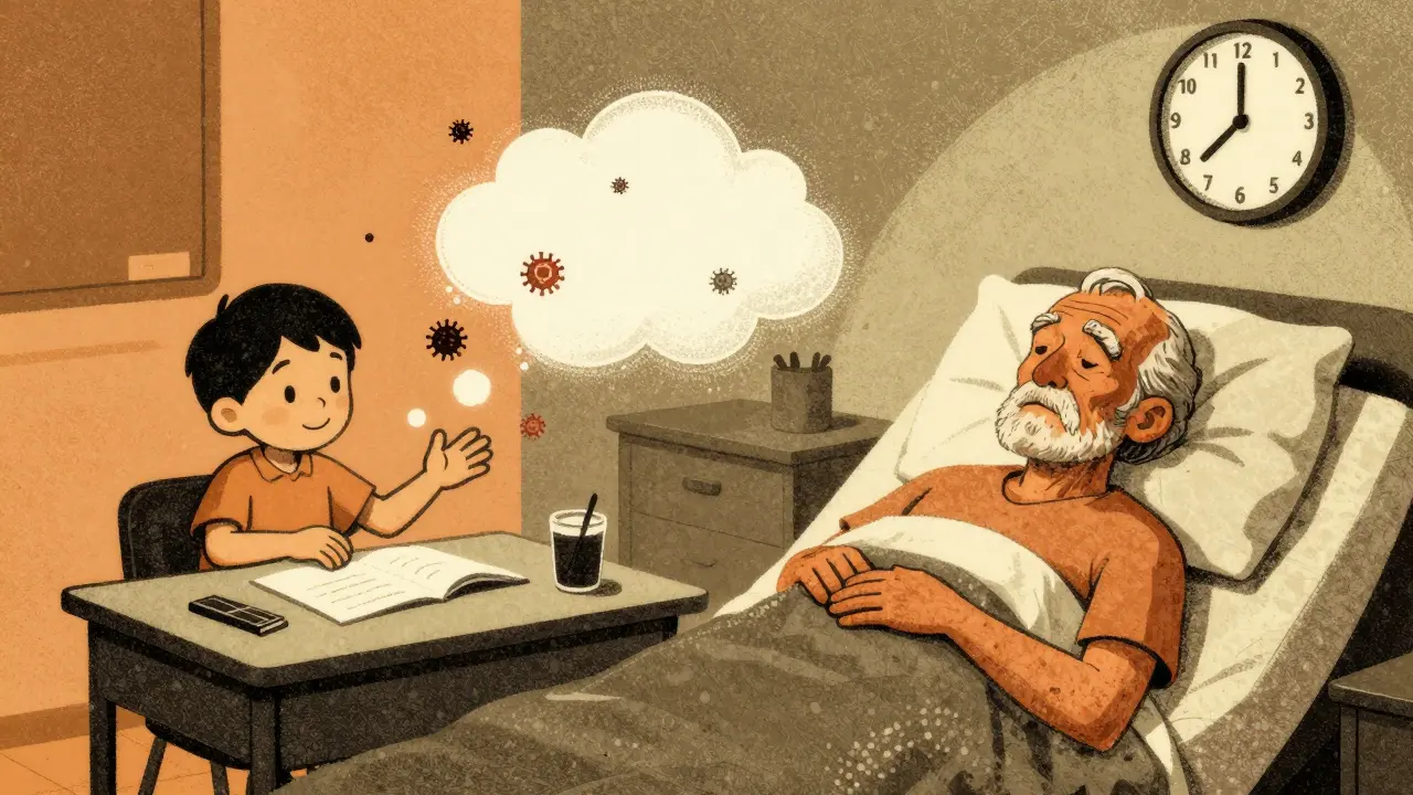 A child playing unnoticed and an elderly adult resting with jaundice, showing how symptoms vary by age.