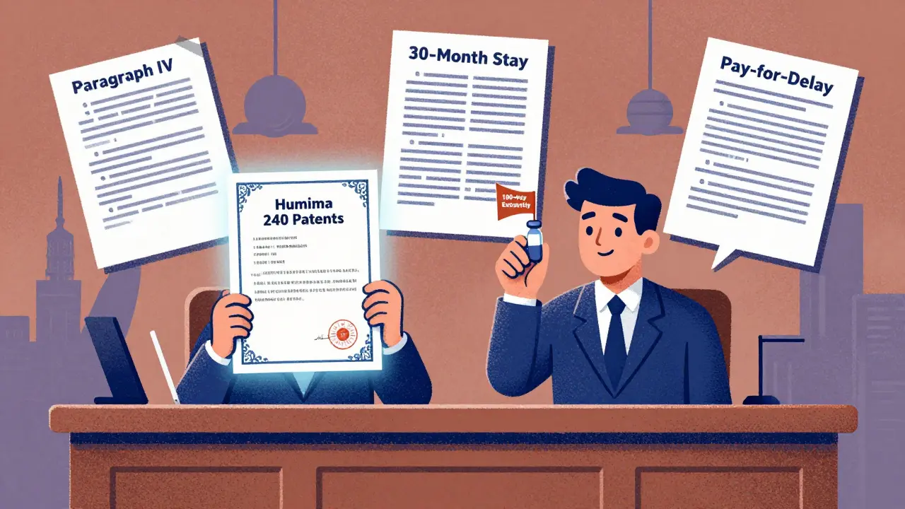 A courtroom scale balancing a massive patent list against a single generic pill, surrounded by legal terms floating in the air.