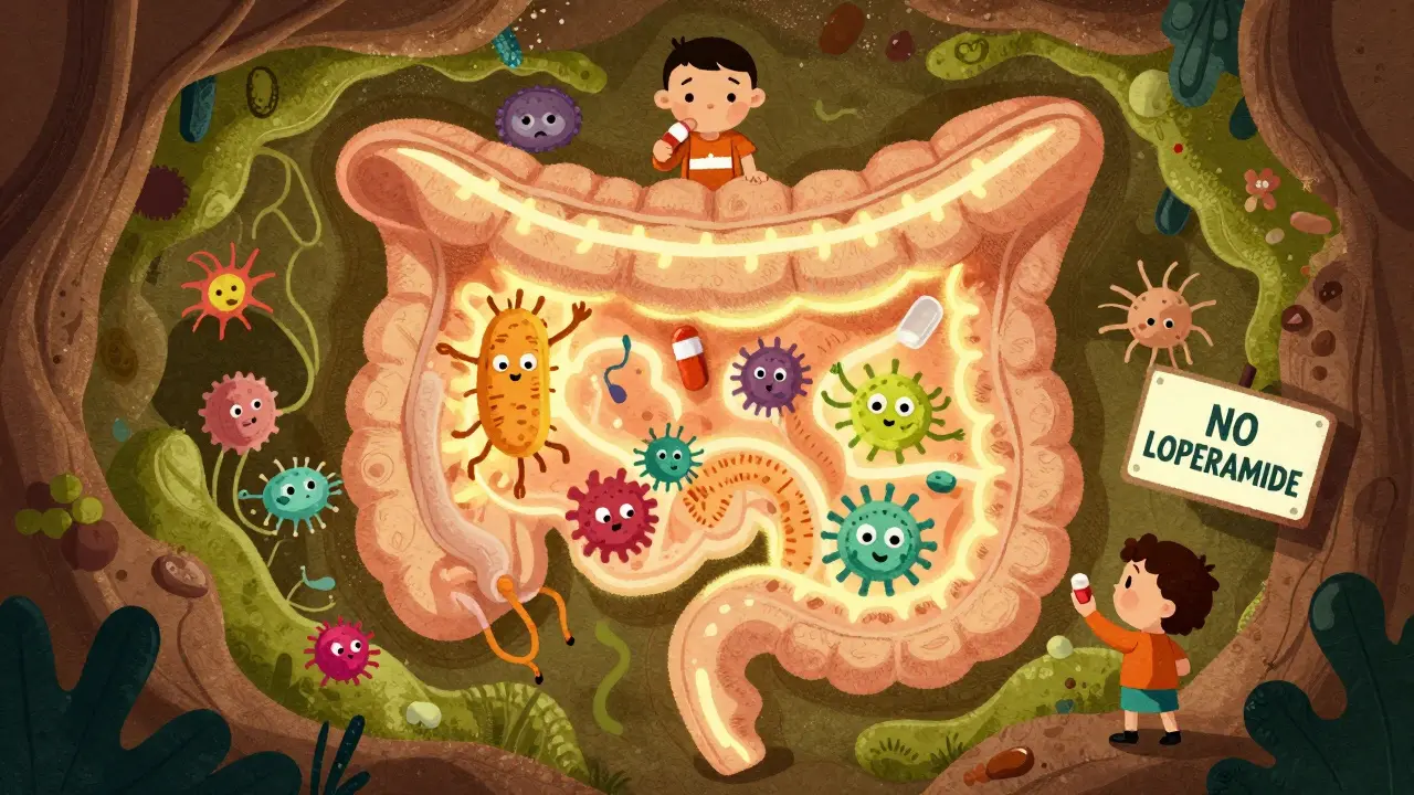 A glowing gut biome with helpful probiotics repelling harmful C. diff microbes under a warning sign.