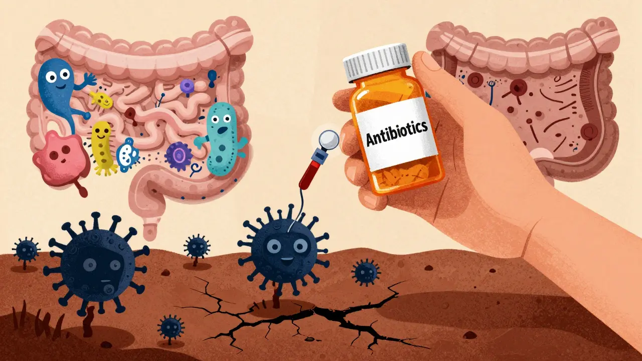 A hand holds antibiotics while superbugs emerge from soil; one side shows a healthy gut, the other a wasteland, all in risograph texture.