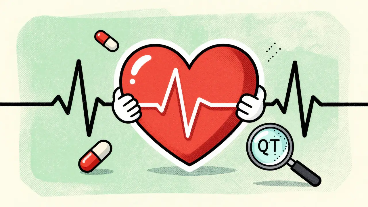 A heart's ECG line spirals into a dangerous rhythm as two medications amplify its risk.