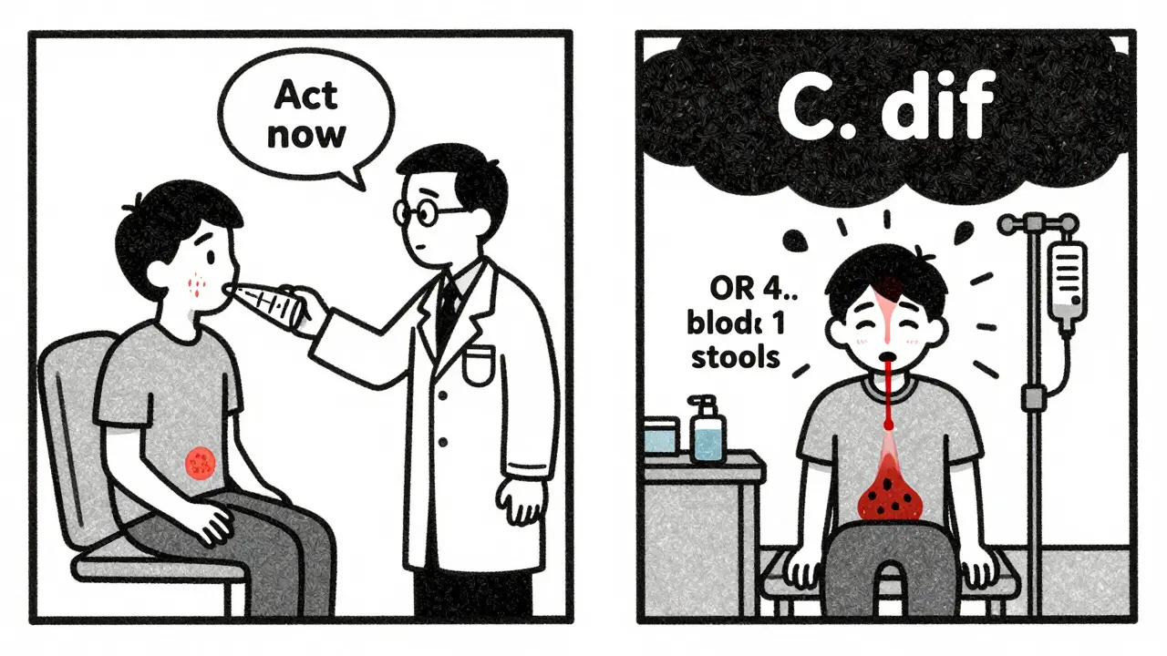 A patient's mild diarrhea progressing to severe symptoms with C. diff looming, shown in split-panel illustration.