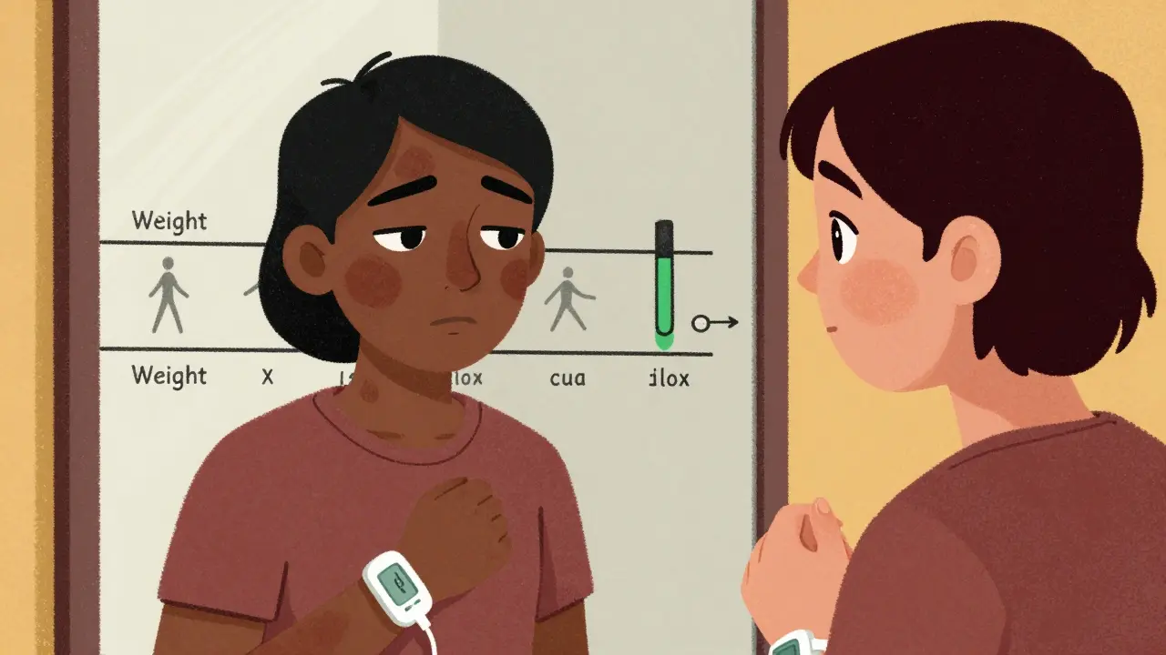 A person facing two versions of themselves in a mirror—diabetic symptoms vs. improved health—with glucose monitor.