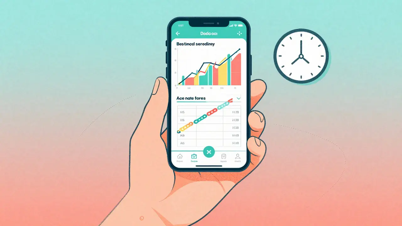A person views a digital dosing chart with genetic data and symptom trends on a floating app interface.