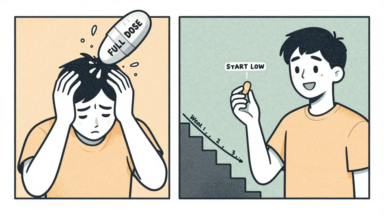 A split scene: one side shows distress from a full pill dose, the other shows calm progress through weekly steps.