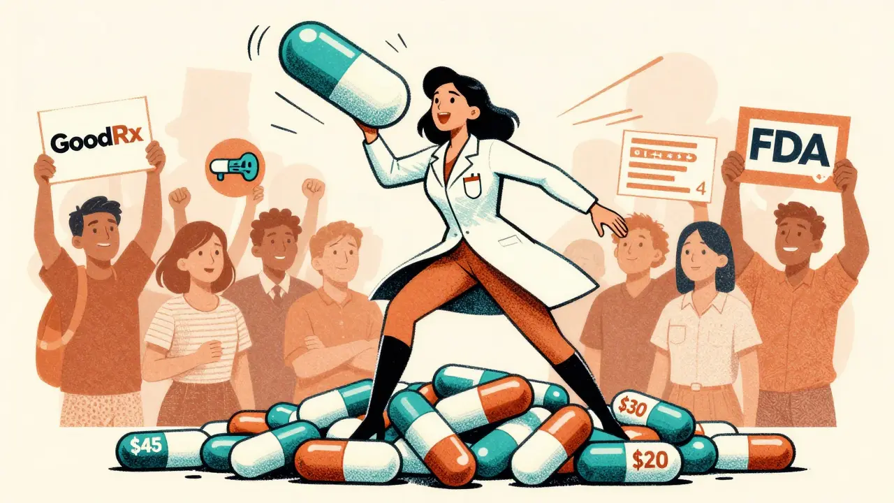 A superheroine in a lab coat defeats expensive pills with a combo pill shield while patients cheer.