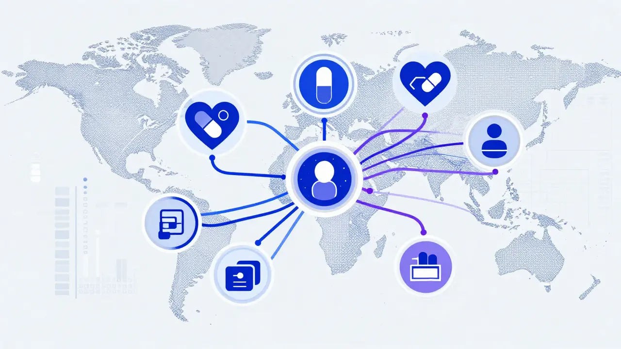 AI system analyzing drug safety data with global icons and social media symbols.