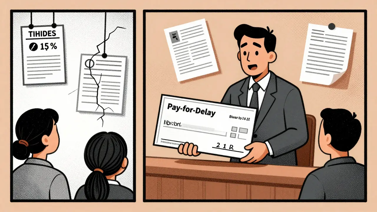 Brand-name pharma executive handing a 'Pay-for-Delay' check to a generic manufacturer in courtroom.