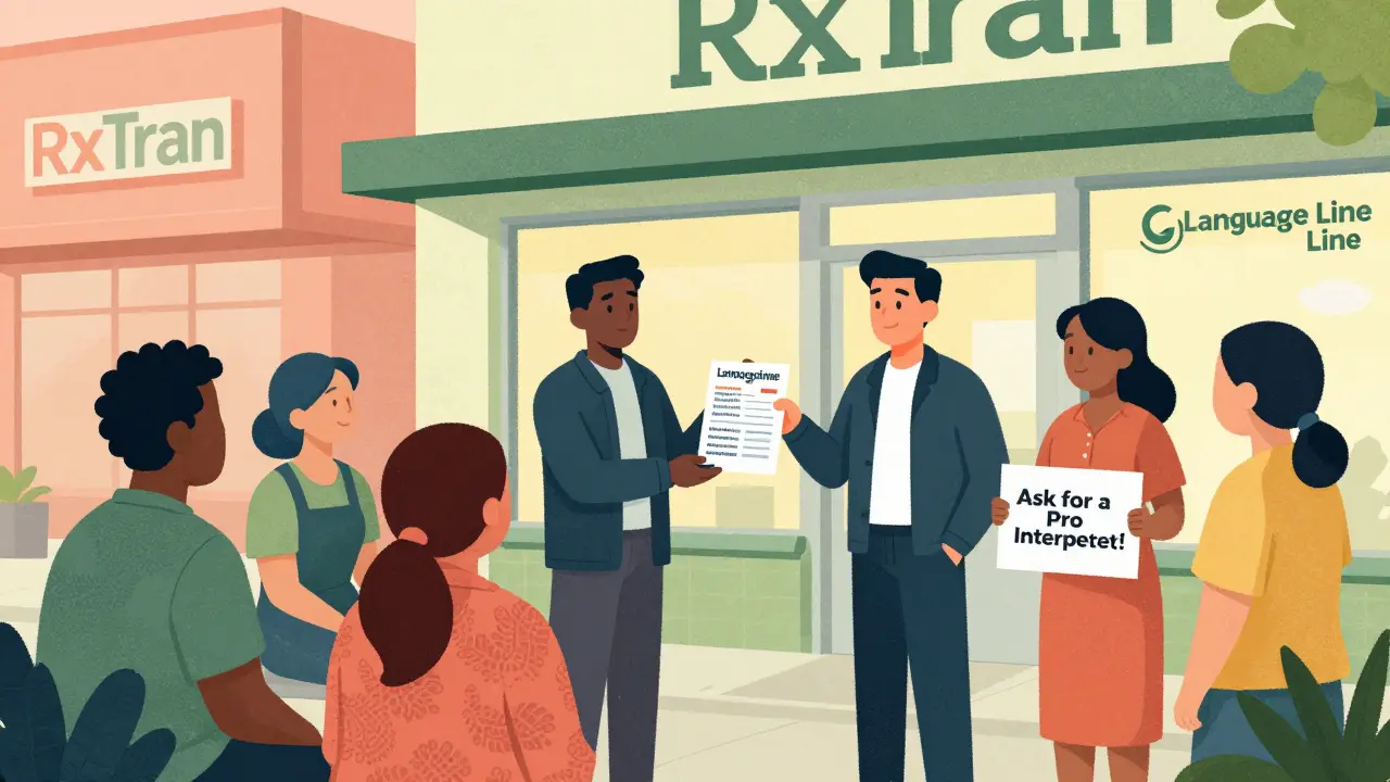 Community member distributing translated medication guides to diverse patients outside a pharmacy with legal rights signage.