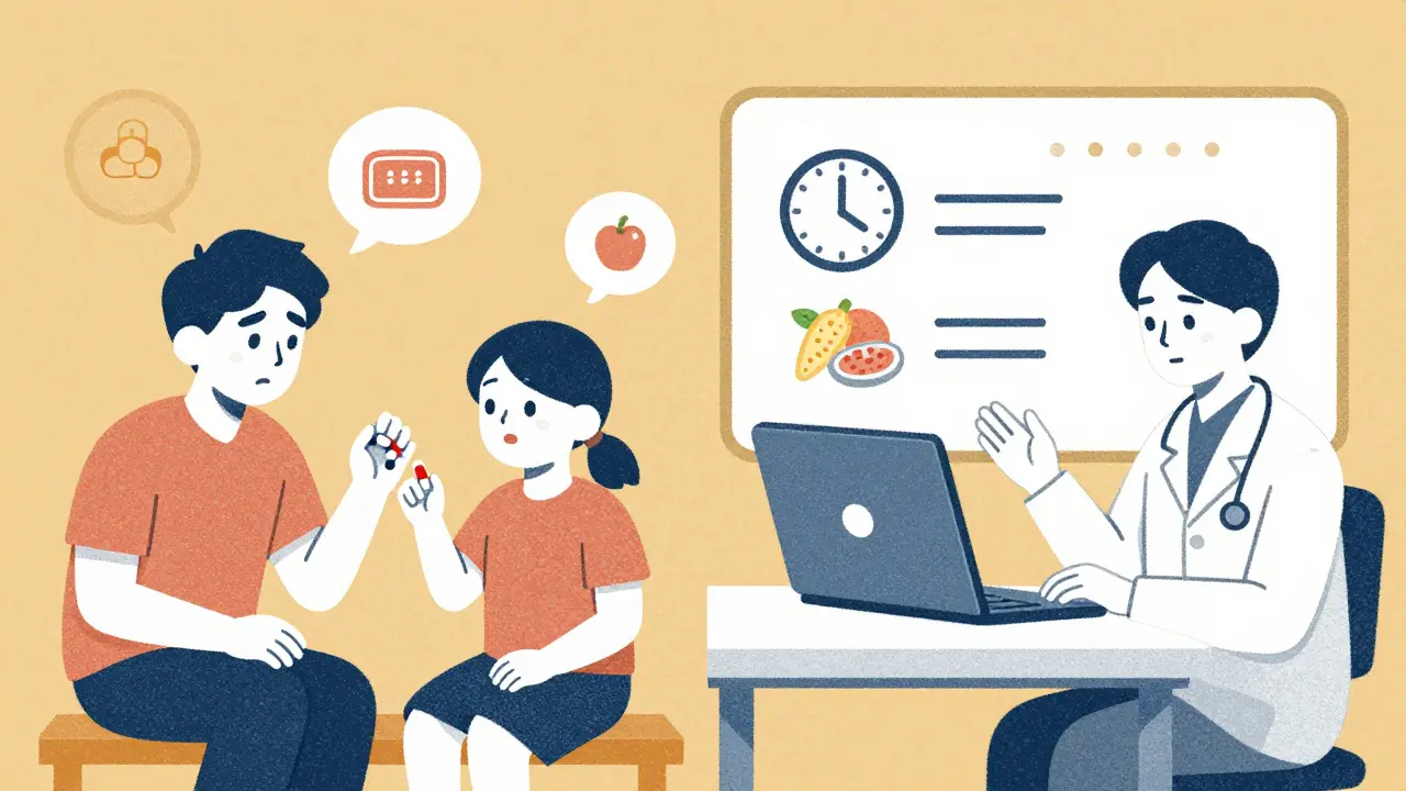 Contrast between unsafe family interpretation and professional video interpreter explaining medication instructions with clear visual aids.