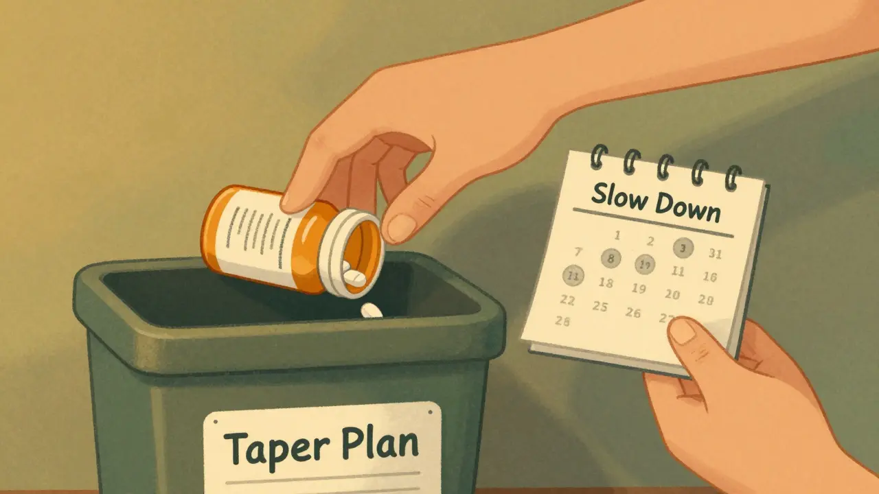 Hand placing pill bottle into 'Taper Plan' bin, calendar with dates and doctor's note nearby, calm scene.