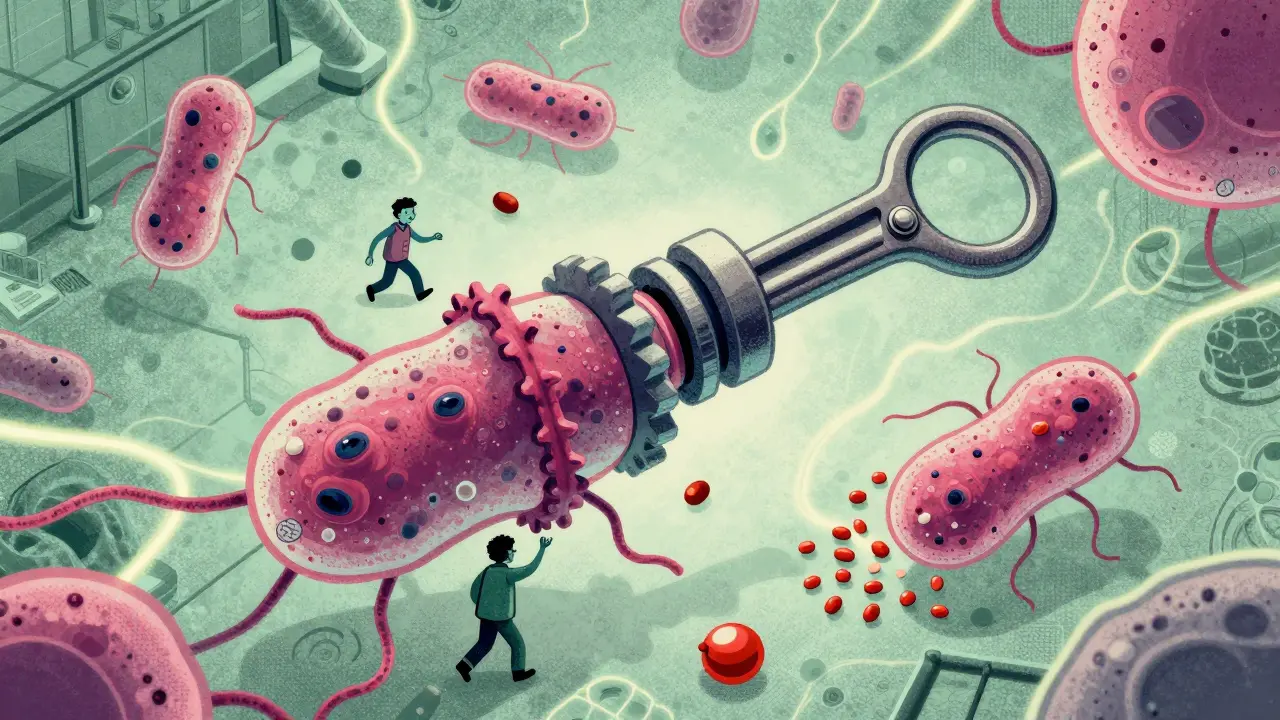 Inside a bacterial cell, molecular tools block protein production, shown in stylized risograph art with muted colors and hand-drawn detail.