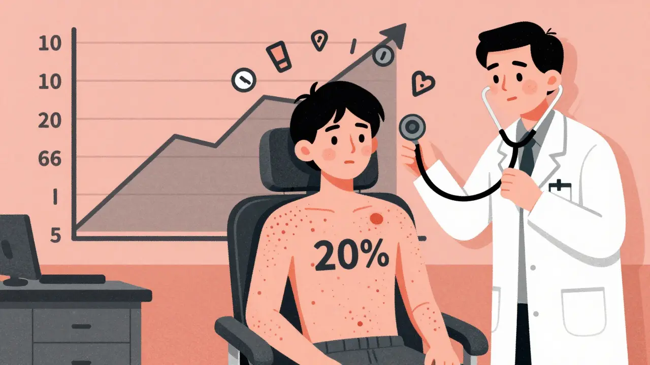 Patient with widespread hives and rising histamine graph in clinic setting.