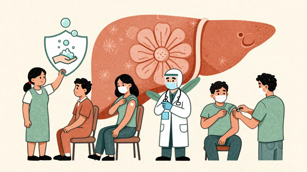 People getting vaccinated and washing hands, with a healing liver symbolizing recovery and protection.