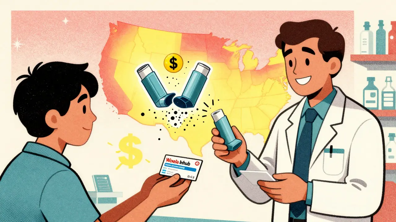 Pharmacist swapping a costly inhaler for a cheaper combo inhaler with dollar signs turning into confetti.