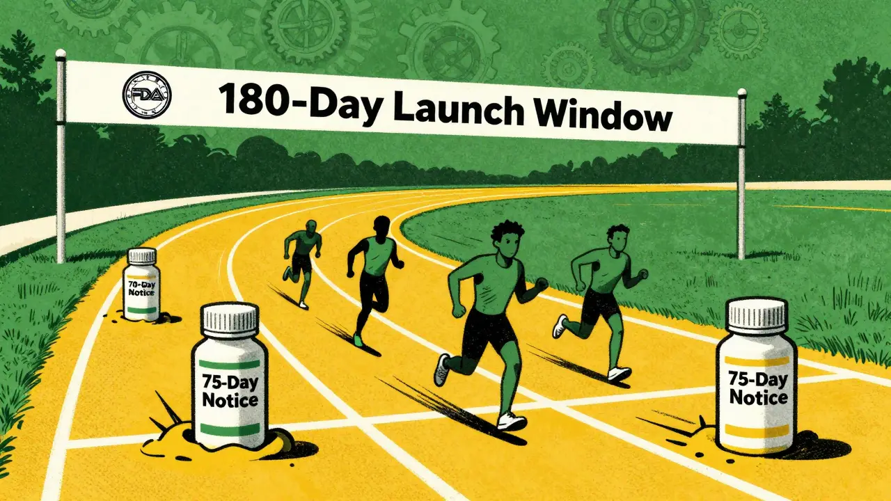 Six generic drug bottles racing on track, only three cross finish line labeled '180-Day Launch Window'.