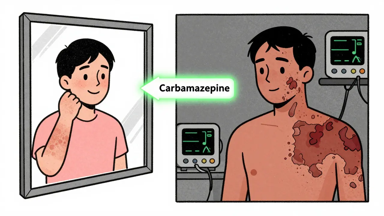 Split image: mild rash vs. severe blistering skin reaction from same medication, hospital monitor in background.