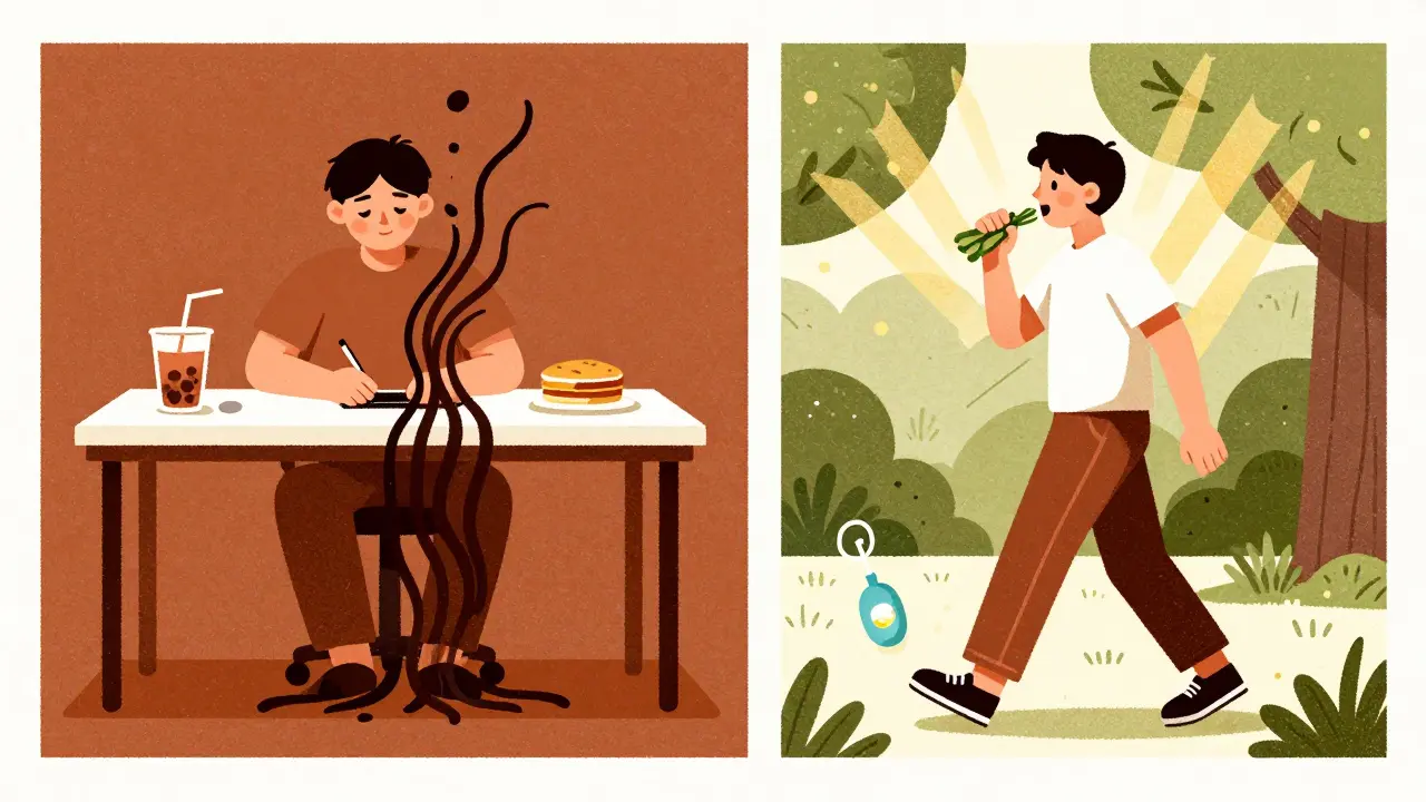 Split scene: sedentary lifestyle vs. active, healthy habits with symbolic imagery in risograph aesthetic.