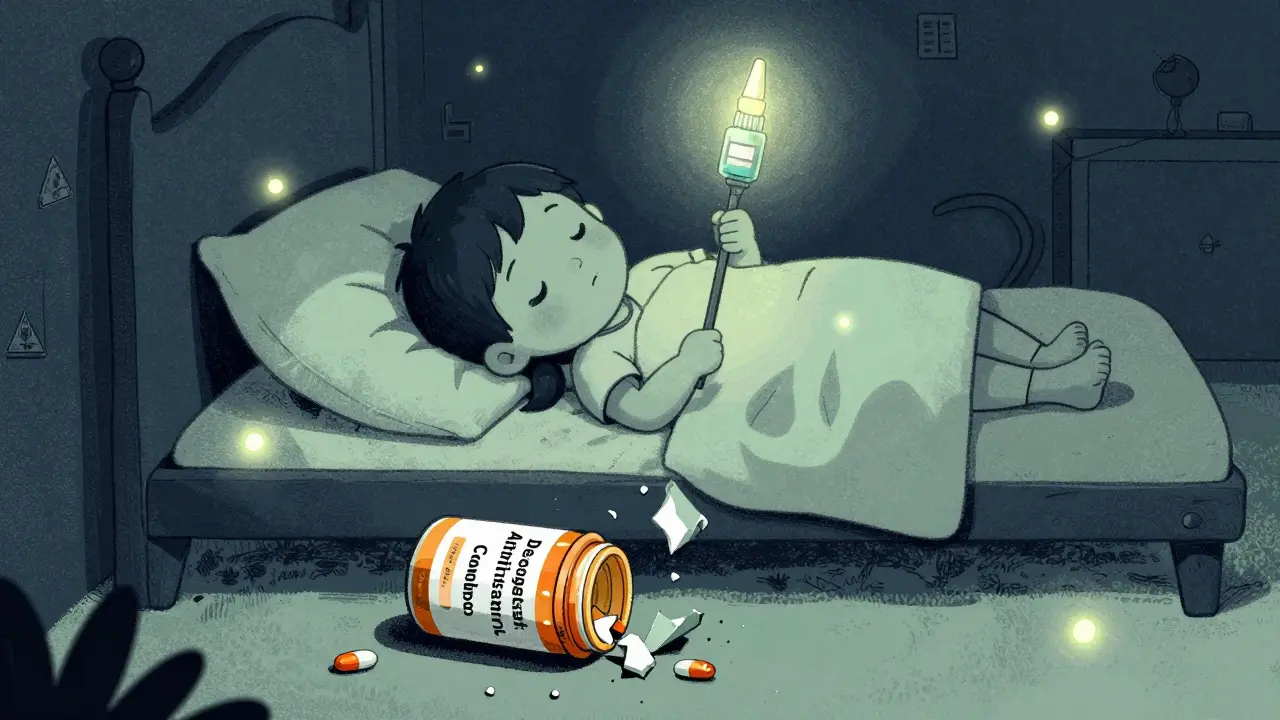 A child sleeping peacefully beside a saline spray, with a shattered combo pill bottle on the floor.