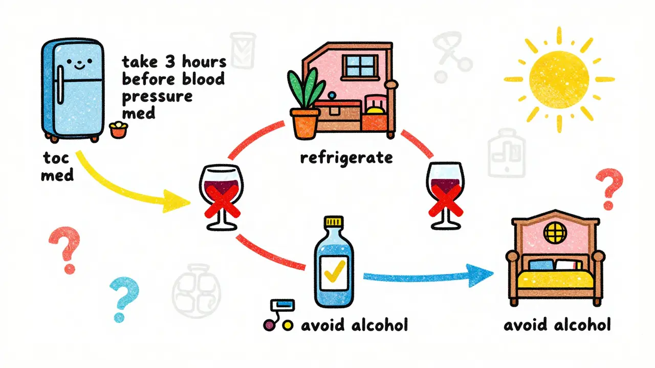 A colorful timeline of medication doses with label-based instructions shown as icons in a home environment.