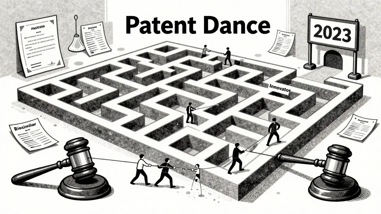 A legal maze called 'Patent Dance' traps biosimilar developers in endless court battles, with a 2023 exit sign barely visible.