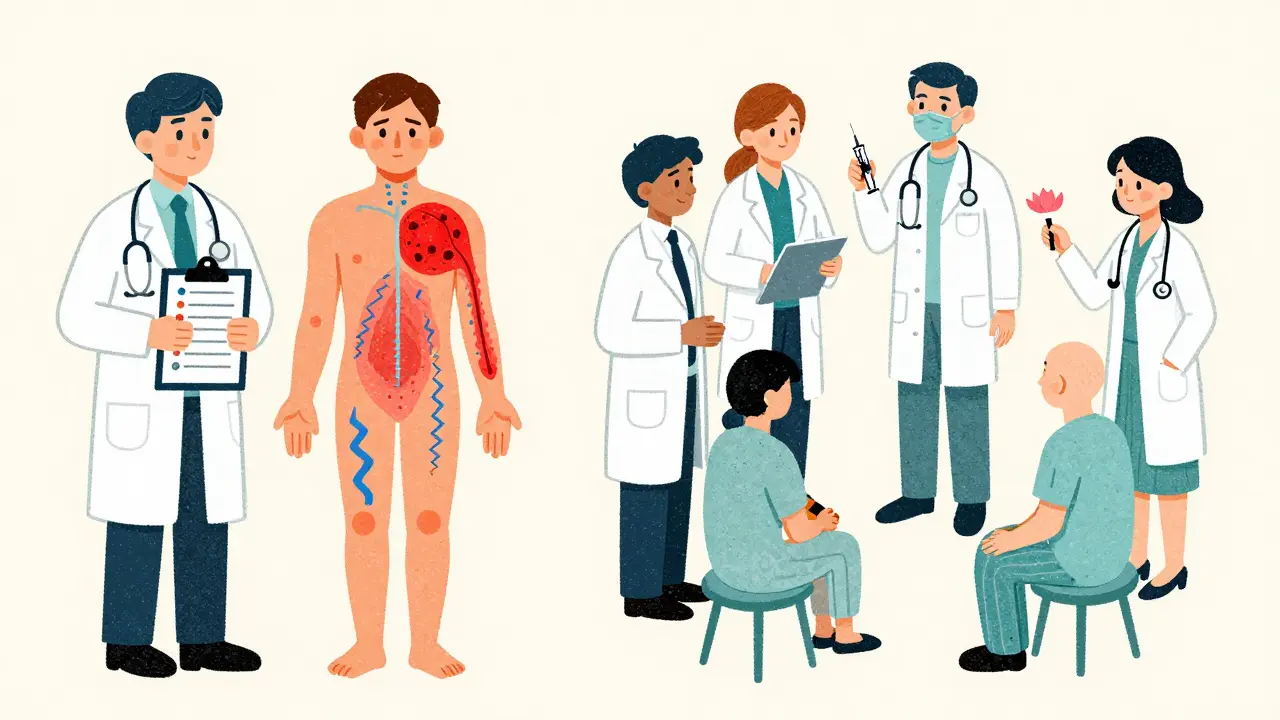 A split illustration showing nociceptive and neuropathic pain mapped on a patient’s body, with a multidisciplinary care team surrounding them.