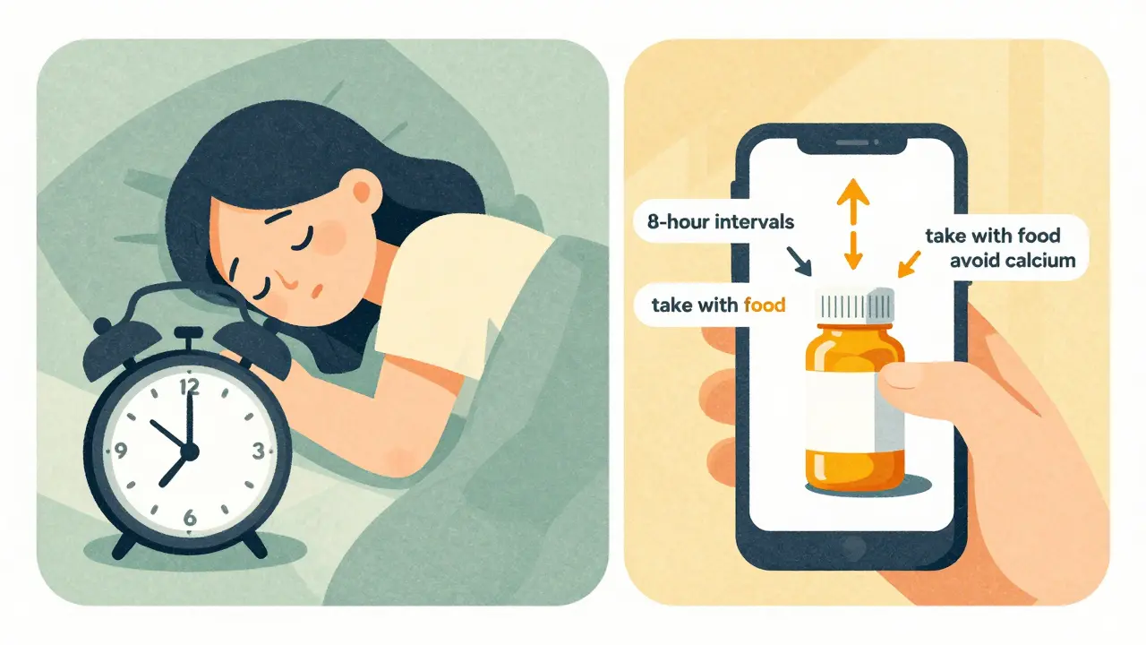 A split scene contrasts a basic alarm clock with a smartphone scanning a pill bottle and displaying smart medication rules.