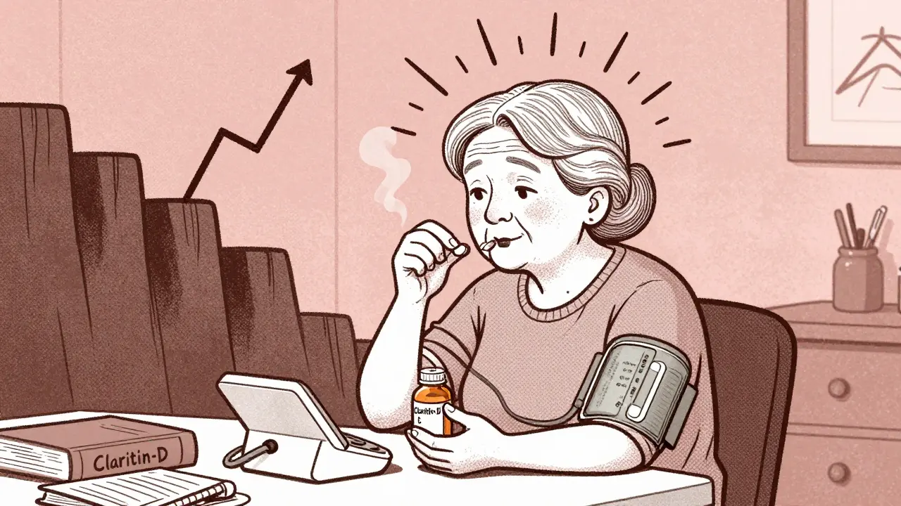 An elderly woman taking Claritin-D while a blood pressure graph rises like a cliff behind her.