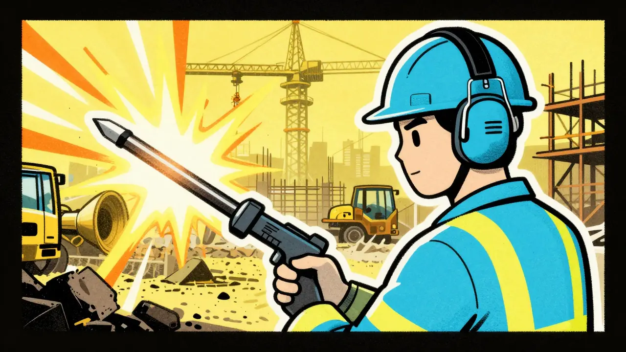 Construction worker wearing protective earmuffs near machinery