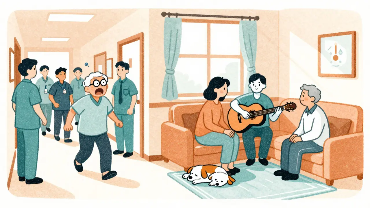 Contrasting scenes: chaotic nursing home hallway versus a peaceful, music-filled room with pet therapy and human connection.