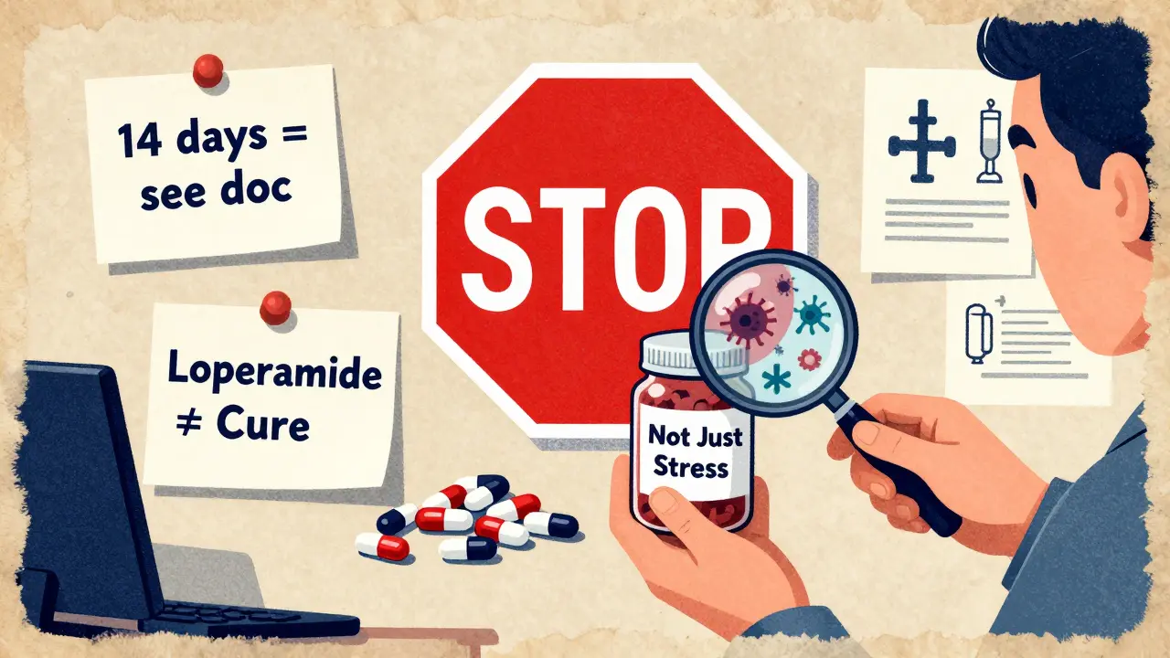 Doctor’s office wall with medical warnings about diarrhea and loperamide misuse