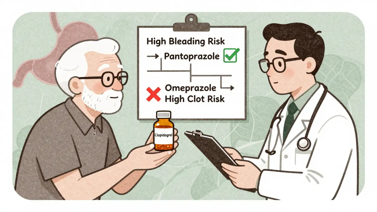 Elderly patient and doctor discussing PPI choice for clopidogrel users, with risk flowchart and stomach-heart symbols.