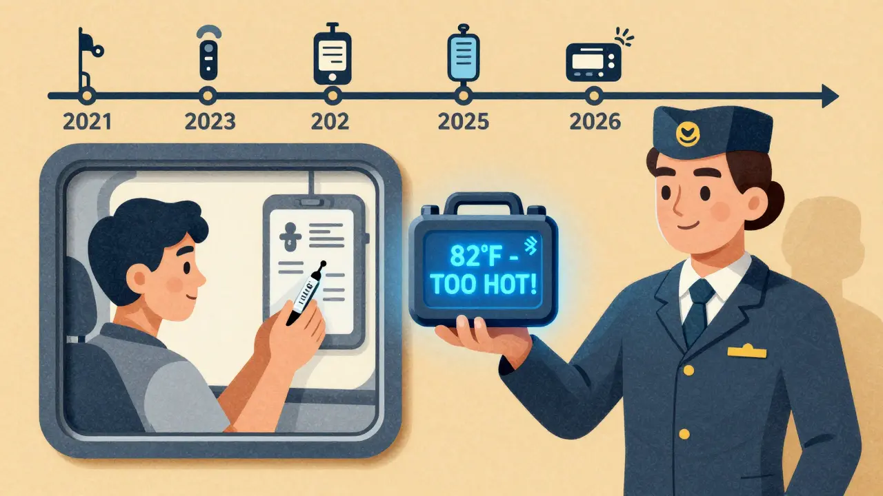 Flight attendant alerts passenger about overheating insulin case, with timeline of insulin storage technology advances.